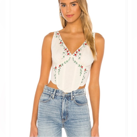 LPA Alec Top Ivory small corset embroidery tie cotton floral sexy crop Milkmaid - Picture 3 of 17